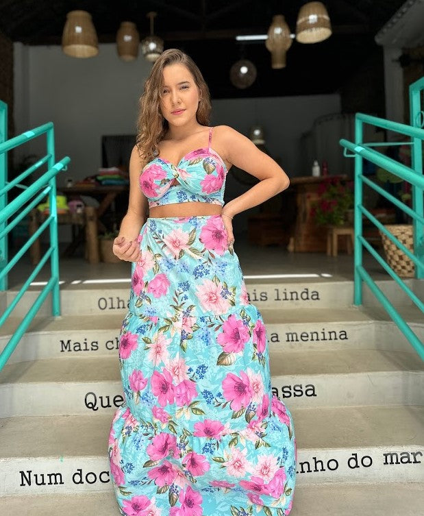 Conjunto floral Azul e Rosa Tamanho P