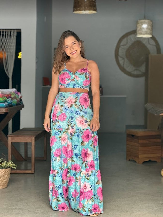 Conjunto floral Azul e Rosa Tamanho P