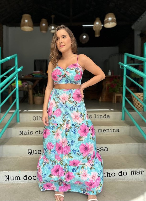 Conjunto floral Azul e Rosa Tamanho P